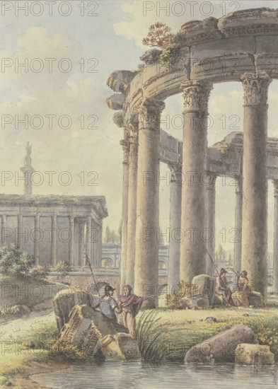 Architectural capriccio: Ruins of a round temple, Trajan's Column in the background. Creator: Victor Jean Nicolle.
