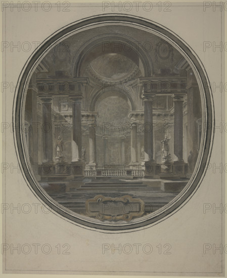 View into the rotunda of an ancient(?) temple, with an empty cartouche below. Creator: Jacques-Francois Blondel.
