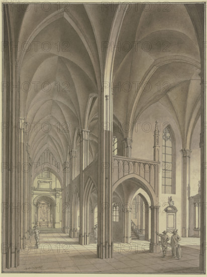 View of a Gothic church with figures in 17th-century costumes, 1776. Creator: Johann Vogelin.