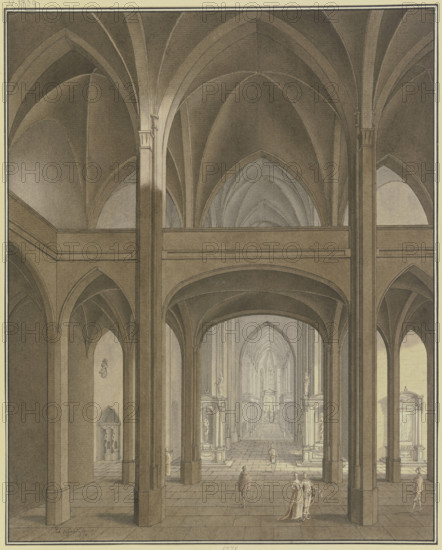 View of the rood screen and choir of a Gothic church with Renaissance altars and..., 1778. Creator: Johann Vogelin.
