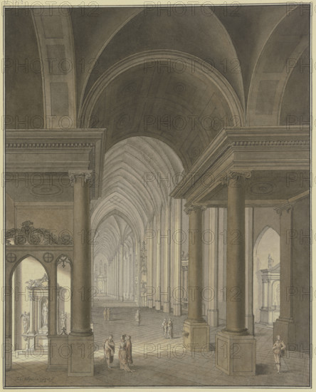 View into a Gothic church, with Baroque additions in the foreground and figures in 17th-cen...,1778. Creator: Johann Vogelin.