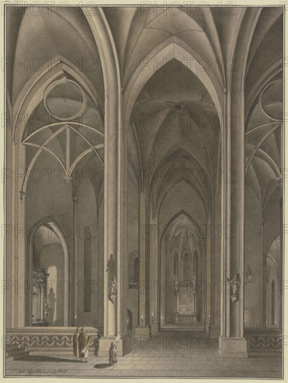 View into the side chapel of a Gothic church, in evening light; in the foreground..., c1776. Creator: Johann Vogelin.