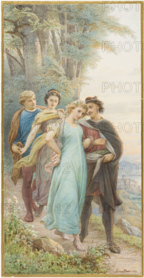 The reunited bridal couples on their way out of the forest, in front Helena and Demetrius..., 1883. Creator: Leopold Bode.