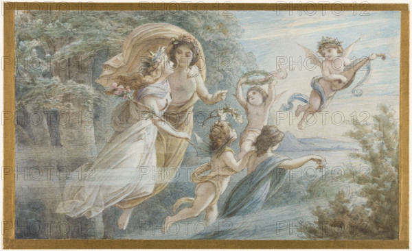 The floating royal couple Oberon and Titania, accompanied by other elves, c1883. Creator: Leopold Bode.