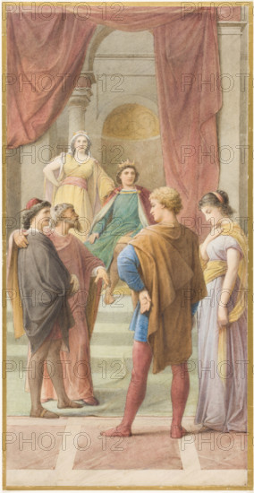 Egeus demands before the rulers Theseus and Hippolyta that his daughter Hermia should marry..., c188 Creator: Leopold Bode.
