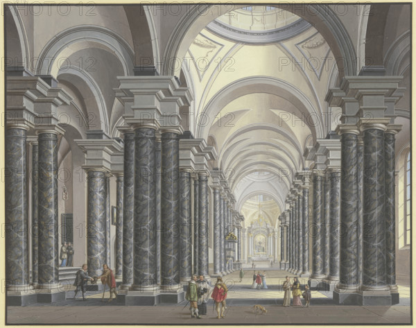 View into the interior of a Baroque church with black marble columns and figures in..., 1790. Creator: Johann Ludwig Ernst Morgenstern.