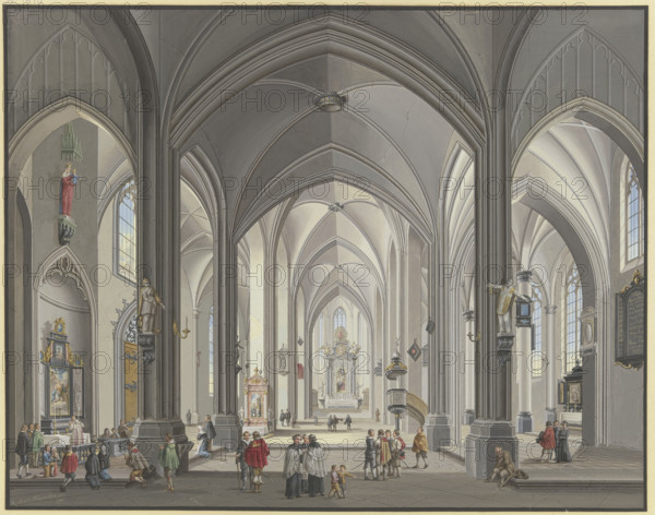 View into the interior of a Gothic hall church with many figures in 17th-century..., 1790. Creator: Johann Ludwig Ernst Morgenstern.