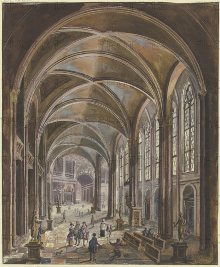View of a church interior with Gothic windows and Baroque furnishings, 1773. Creator: Christian Stocklin.