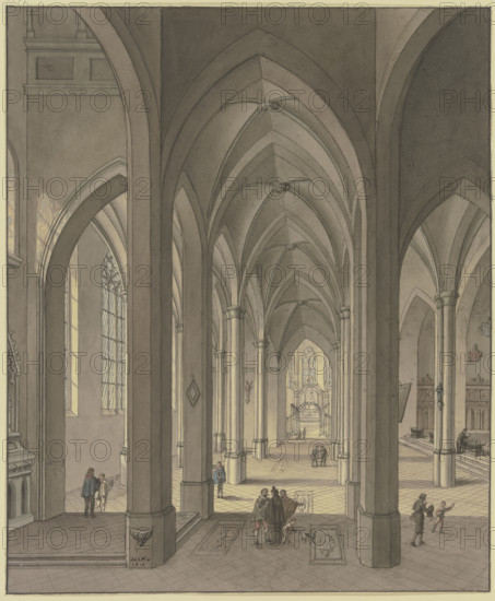 View into the chancel of a three-aisled Gothic hall church with figures in 17th-century costume,1819 Creator: Johann Ludwig Ernst Morgenstern.