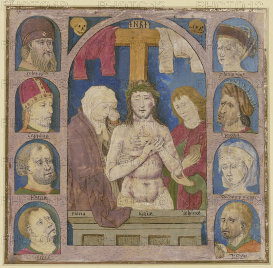 Christ as the Man of Sorrows between Mary and John, to the right and left four heads each... Creator: Unknown.