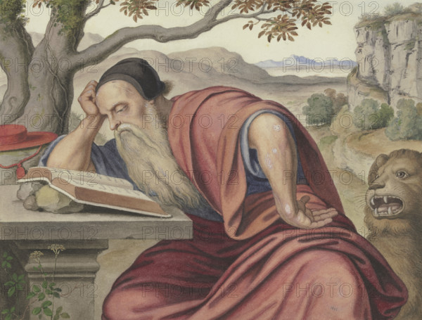 Saint Jerome in a landscape, reading, mid-19th century. Creator: Ferdinand Olivier.