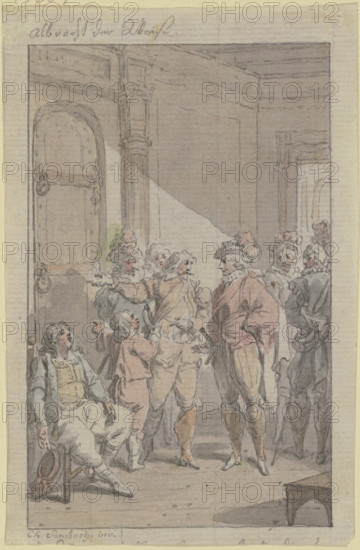 A prince with his retinue at a locked door, next to which sits an exhausted man. Creator: Christian Sambach.