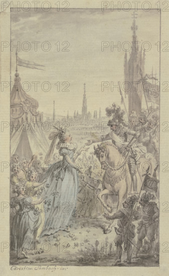 A princess and girls with flowers receive a knight on horseback in front of a tent.. Creator: Christian Sambach.