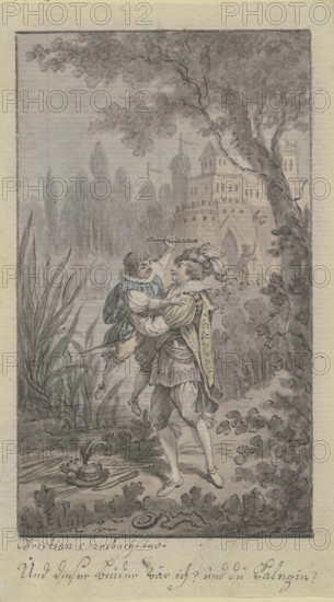 Greeting scene of two men at a castle. Creator: Christian Sambach.