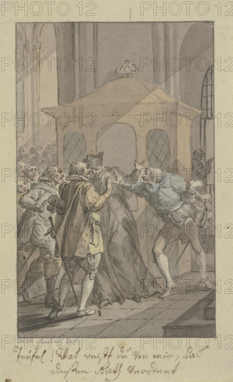 Three men arguing with swords and a clergyman before a confessional. Creator: Christian Sambach.