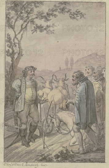 A plowing man with a team of oxen approaches a group of bareheaded men, a horse kneeling. Creator: Christian Sambach.