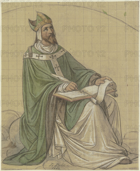 Saint Augustine sitting and writing in a book, 1862. Creator: Leopold Bode.
