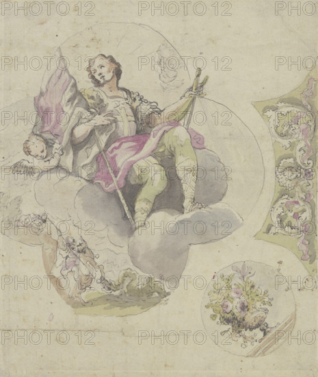 Saint George with sword and banner, enthroned on clouds. Creator: Unknown.