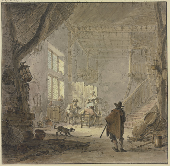 The interior of a house, two men and a woman at the window, a man seen from behind in the foreground Creator: Hendrik Meijer.