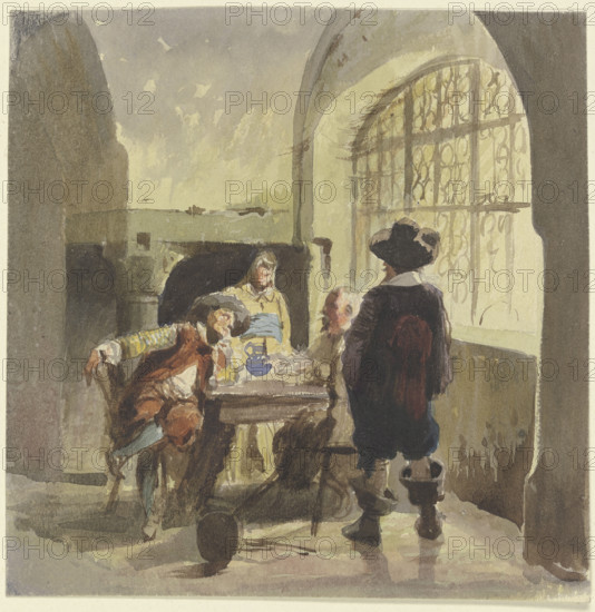 Three soldiers from the time of the Thirty Years' War in a chamber, with a woman present. Creator: Eugen Johann Georg Klimsch.