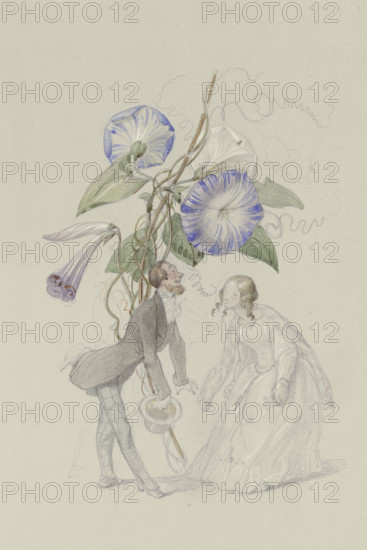 A bouquet of blue bindweed, with a couple bowing to each other below.. Creator: Adolf Schrödter.
