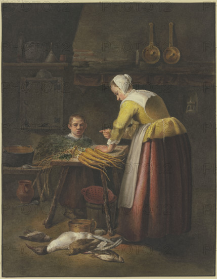 Woman and child in the kitchen with carrots and poultry. Creator: Henricus Franciscus Wiertz.