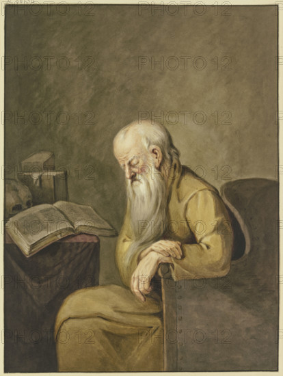 An old man with a long beard has fallen asleep in his chair while reading. Creator: Leffer.