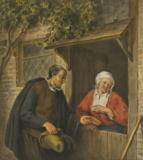 A man gives a piece of cake to a woman standing in the doorway, c18th century Creator: Unknown.