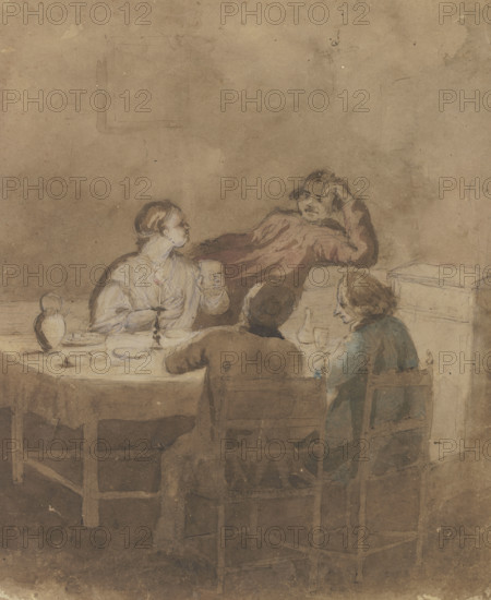 Woman with three men at a table by candlelight. Creator: Unknown.