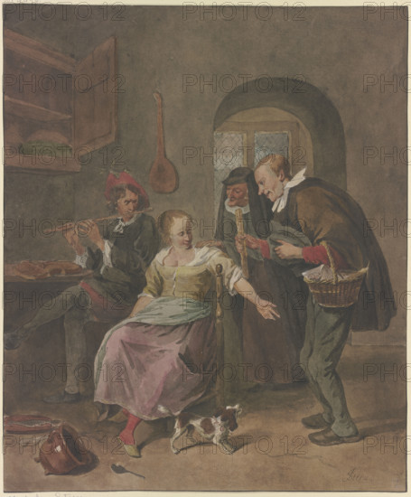 In a room a man is playing the flute, a woman is sitting next to him talking to a man carrying... Creator: Hermanus Numan.