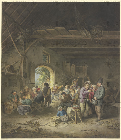 Celebrating farmers in a barn, 1778. Creator: Jacobus Buys.