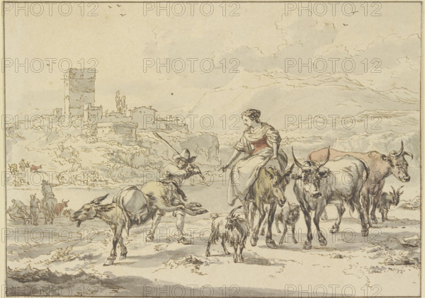 Castle ruins by a river, in the foreground a shepherdess on a donkey with cows and goats... Creator: Jan Frans Soolmaker.