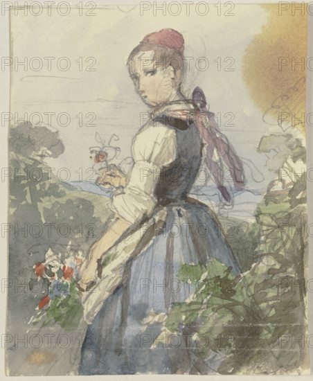 Farm girl in the garden, c1830-1872. Creator: Jakob Becker.