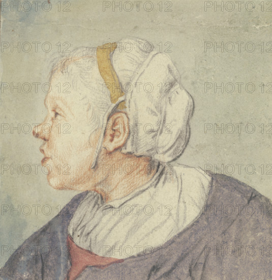 Woman's head with a small cap. Creator: Cornelis Dusart.