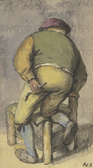 Farmer from behind, kneeling with his right leg on a chair, after 1670. Creator: Adriaen van Ostade.