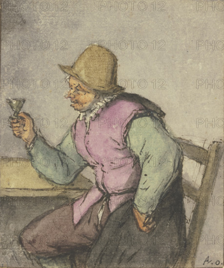A farmer sitting at a table with a glass, facing left, after 1670. Creator: Adriaen van Ostade.