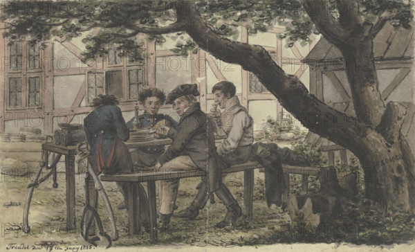 Volunteers resting in a tavern garden, 1815. Creator: Carl Friedrich Zimmermann.