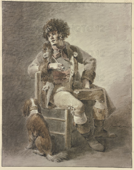 A man sits on a chair with a pipe in his hand, a dog beside him. Creator: Abraham Teerlink.