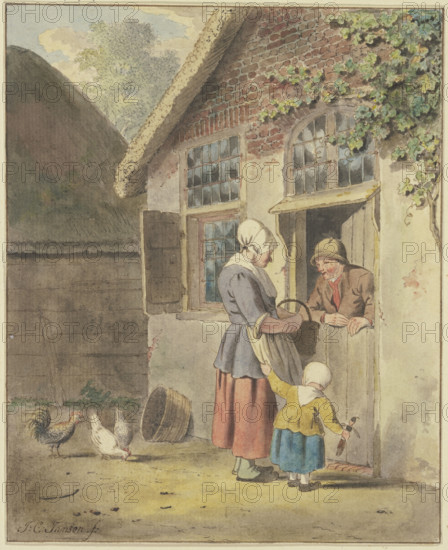 A man speaks at a front door with a woman who is being held by the apron by a child. Creator: Johannes Christiaan Janson.