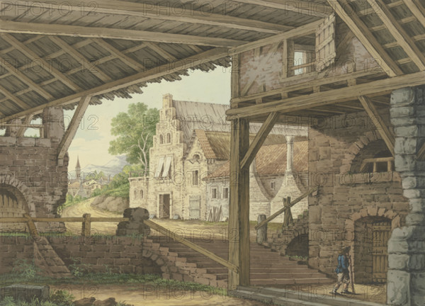 A large shed offers a view of a village. Creator: Philipp Jakob Bauer.