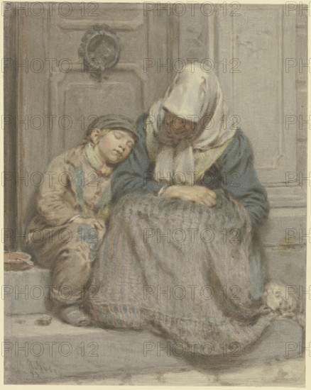 Woman sleeping with a boy in front of a door, 1853. Creator: Angilbert Gobel.