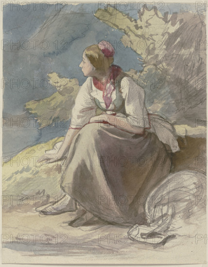 Farm girl sitting on a grass bench facing left, c1830-1872. Creator: Jakob Becker.