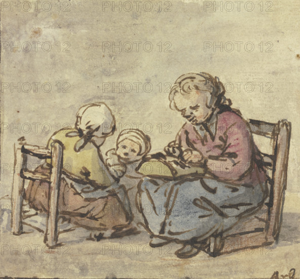 Three girls, the oldest making lace, c1650-1660. Creator: Adriaen van Ostade.