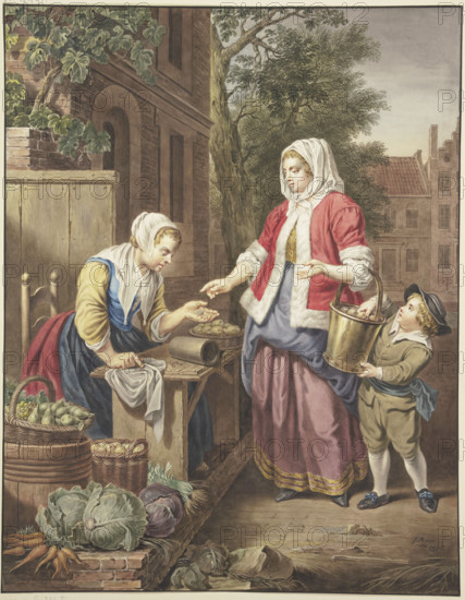 A lady with a boy buys apples, 1799. Creator: Jacobus Buys.
