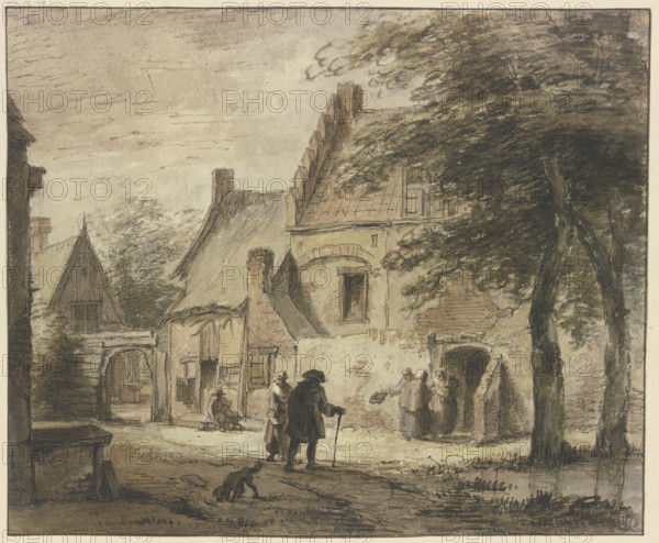 Farmstead with several figures, a dog in the foreground. Creator: Jan Hulswit.