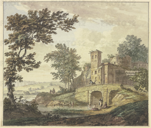 Far a bridge and several buildings, five children are bathing in the water. Creator: Hermanus Numan.