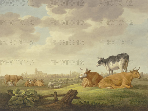 Cows and sheep in a meadow, a town in the distance, a milkmaid on the left. Creator: Aelbert Cuyp.