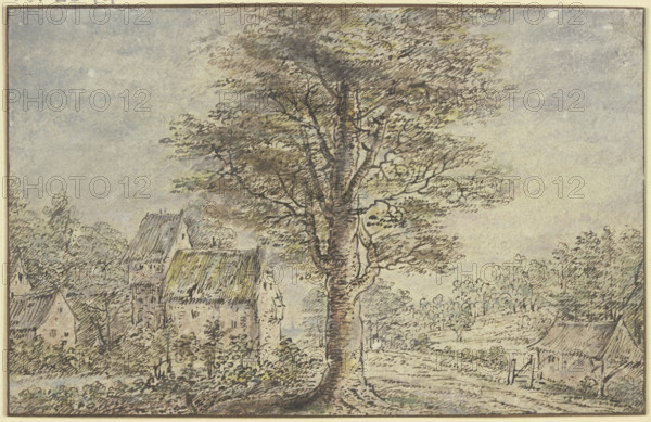 Village view, in the middle a tree. Creator: Lucas van Uden.