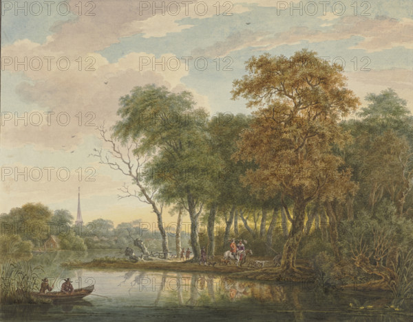 River landscape with two riders, after 1776. Creator: Aert Schouman.