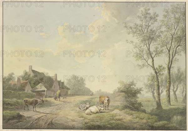 Four cows by a path near farmhouses, 1803. Creator: Abraham Teerlink.